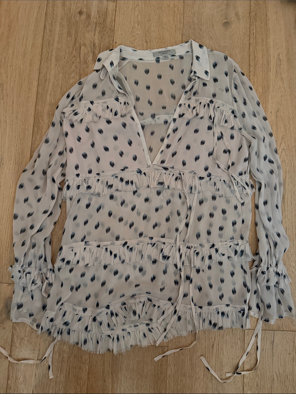 All Saints long blues with cinching and ruffles